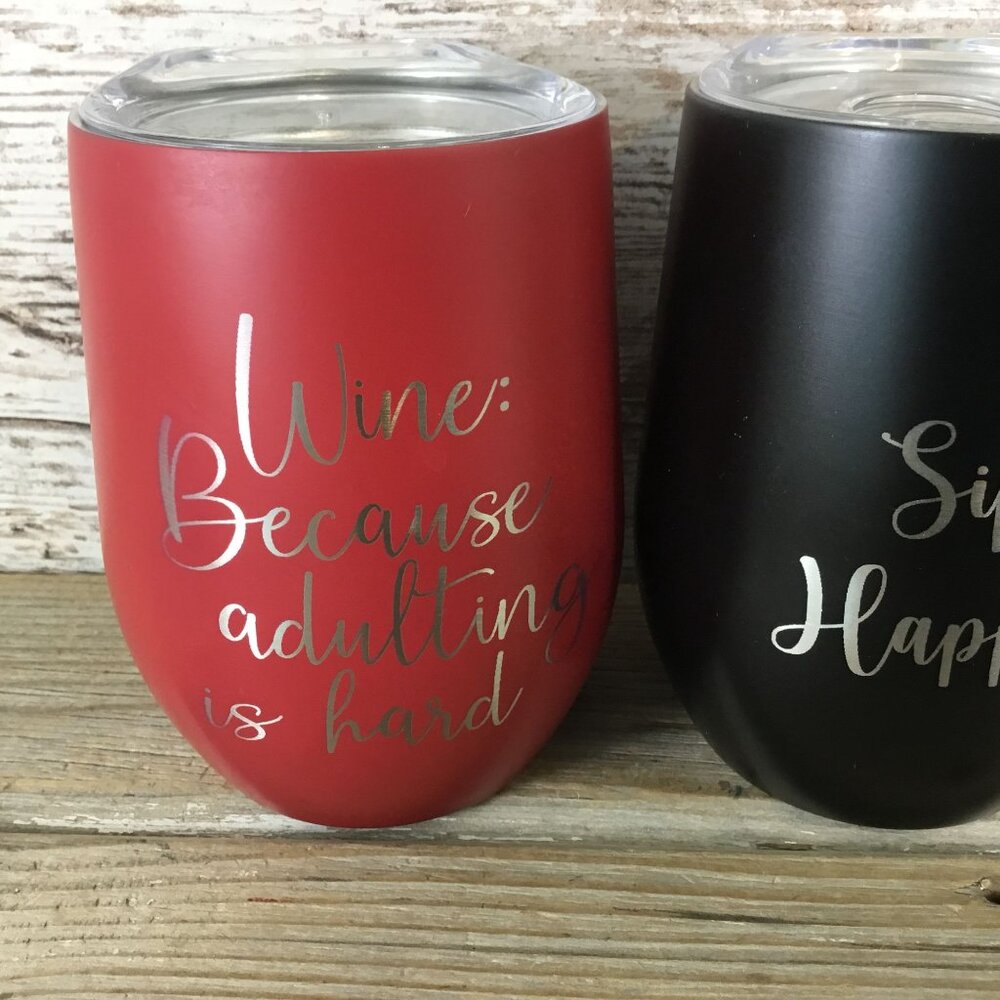 Set of 3 Stemless Wine Tumblers with Lids, Funny Wine Sayings, Laser Engraved - Picture 2 of 8